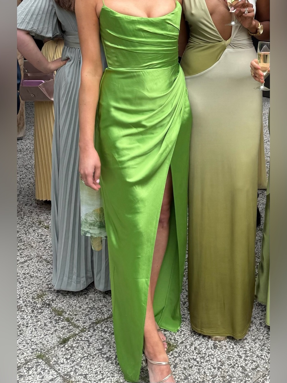 Satin Green Spaghetti Strap Mini Dress with Side Slit